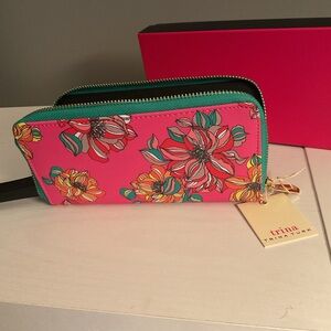 Trina Turk Pink Floral Zip Wallet with Teal Trim